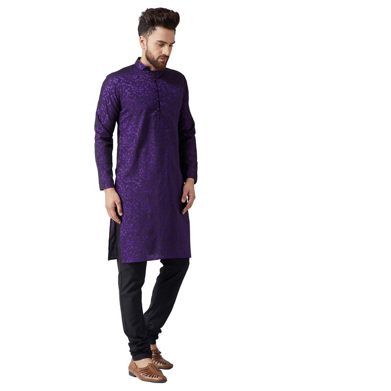 Sojanya (Since 1958 Men'S Purple Jackquard Silk Only Long Kurta, Size 40 - Image 3